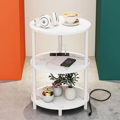 Vista 23 de Mesa auxiliar redonda pequeña, mesa decorativa ovalada de 3 niveles para espacios pequeños, mesita de noche de madera rústica y metal para sala