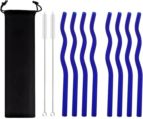 Vista 15 de JASHII Pajitas de vidrio ondulado negro – 8 piezas, 7.87 x 0.31 pulgadas, reutilizables con bolsa negra, multicolor para beber bebidas