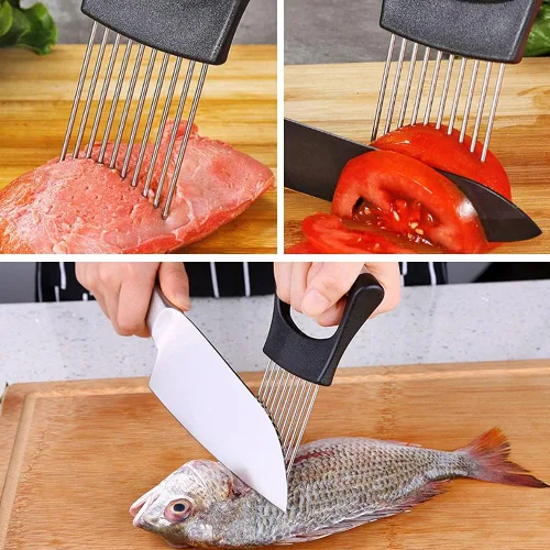 Vista 5 de Cortador de tomate con cebolla, herramienta práctica de rebanar de cocina con 10 puntas uniformes para rodajas de cebolla, limón, patata, tomate