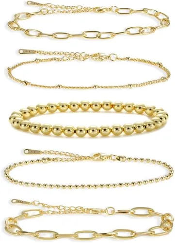 Vista 2 de KesaPlan Juego de pulseras de oro para mujer, ajustables, chapadas en oro de 14 quilates, con cuentas delicadas, juego de pulseras de eslabones