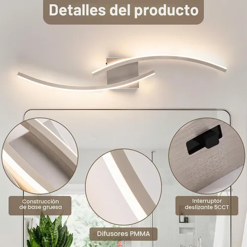 Vista 4 de Lámpara de pared moderna cableada de 3000 ~ 6000 K, lámpara de pared LED plateada de 31.5 pulgadas, luces de pared de níquel cepillado