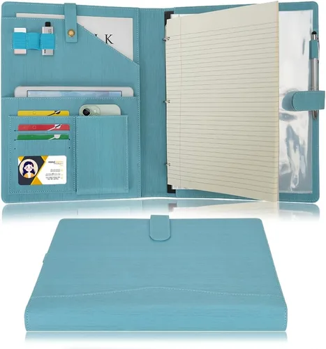 Vista 12 de Portafolio WONDERPOOL A4 de piel sintética con anillo, estuche para documentos con portafolio extraíble, multibolsillo y bloc legal para organizador