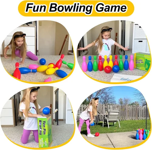 Vista 2 de Liberry Juego de bolos para niños, 10 bolos de juguete de plástico y 2 bolas, juegos deportivos para interiores y exteriores, regalos educativos