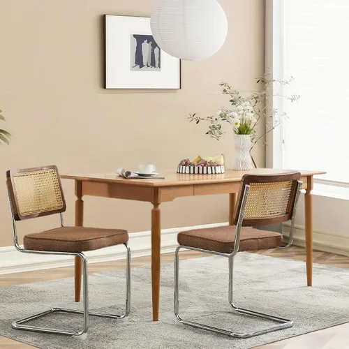 Vista 9 de Juego de 2 sillas de comedor de terciopelo con respaldo de ratán, diseño moderno Breuer con base cromada inoxidable sin brazos tapizada para Beige