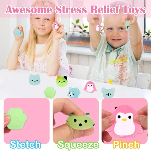 Vista 6 de Outee 20 piezas de juguetes Mochi Kawaii animales con caja de regalo que brillan en la oscuridad, lindo juguete para aliviar el estrés, recuerdos