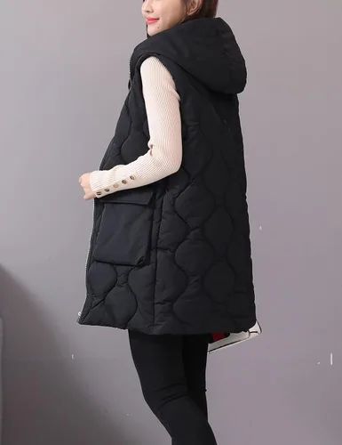 Vista 3 de HangNiFang Chaleco largo de invierno para mujer, con cremallera, acolchado, chaleco