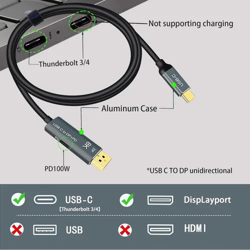 Vista 2 de Cable USB C a DisplayPort con adaptador de carga rápida PD de 100 W 8K @60Hz-Thunderbolt 3/4 a DP Cable 4K a 240Hz compatible con iPhone 15 M1/M2
