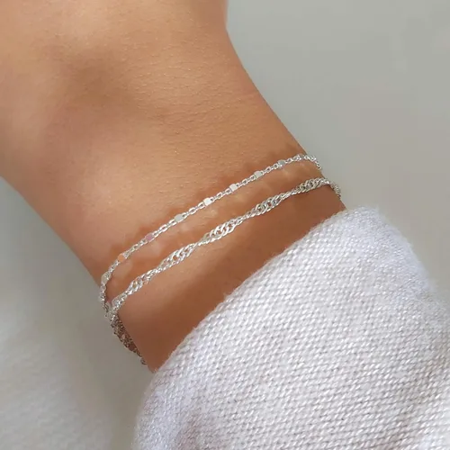 Vista 2 de Pulsera de doble cadena Annika Bella, cadena de mano de 6.5-7.5 pulgadas, pulseras de cadena de plata de ley 925, joyería minimalista para mujer