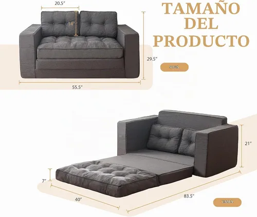 Vista 3 de YOSHOOT Sofá biplaza convertible de 55 pulgadas, sofá cama futón para sala de estar, sofá cama extraíble 3 en 1 con respaldo y almohadas, gris oscuro