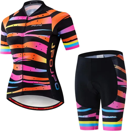 Vista 54 de Camiseta de ciclismo para mujer, manga corta y pantalones cortos de ciclismo acolchados para verano