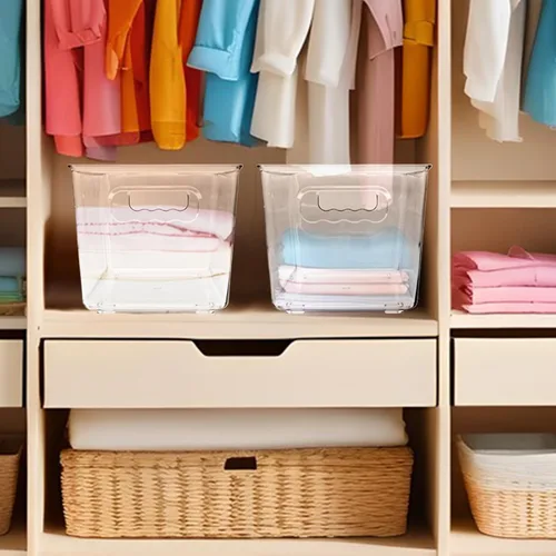 Vista 5 de Paquete de 4 cubos de almacenamiento de plástico transparente con asas, organizador apilable para despensa, refrigerador, debajo del fregadero