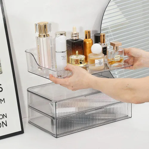 Vista 2 de Organizador de maquillaje para encimera, vitrinas de cosméticos grandes, organizador de cosméticos para el cuidado de la piel, 2 cajones