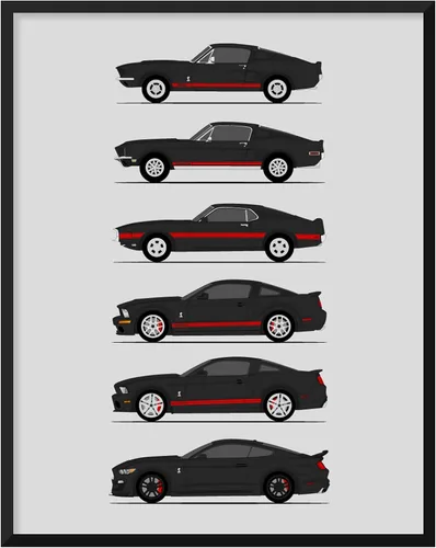 Vista 15 de Custom Car Posters Póster hecho a mano compatible con Shelby Mustang GT500 Generations e impresión de Ford Shelby GT500, azul con rayas blancas