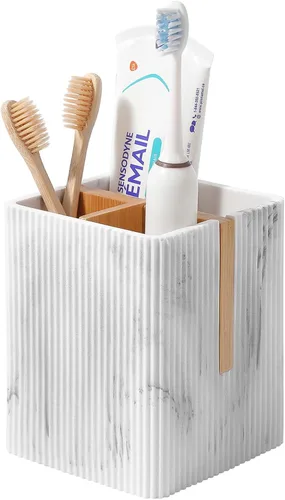 Vista 11 de Portacepillos de dientes para baño, soporte eléctrico de bambú para cepillos de dientes, color negro