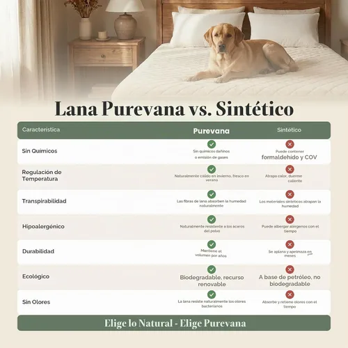 Vista 4 de Protector de colchón impermeable con relleno de lana lavable, parte superior de algodón natural, transpirable, regulador de temperatura, absorbe
