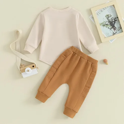Vista 3 de Kuriozud Conjunto de 2 piezas de sudadera con cuello redondo y pantalones deportivos para niños pequeños para otoño e invierno