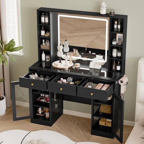 Vista 6 de Escritorio de maquillaje con espejo y luces, tocador negro de 43 pulgadas con parte superior de cristal, almacenamiento de joyas, 3 cajones