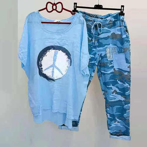 Vista 2 de Conjuntos de 2 piezas para mujer, de algodón, lino, media manga, vintage, con vuelo, camuflaje, pantalones rectos, chándal