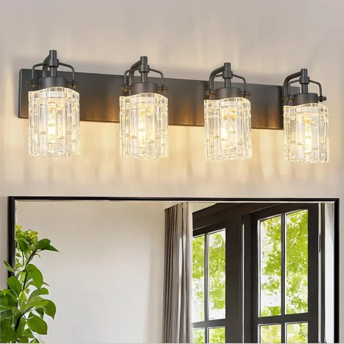 Vista 14 de Luz de Tocador de Baño de 2 Luces Moderna con Soporte de Vidrio de Cristal Luz de Baño Negra Accesorios de Iluminación de Tocador de Cristal