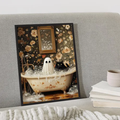 Vista 2 de Póster de fantasma y gato negro en la bañera, arte de pared en lienzo de Halloween de Whimsigoth, pintura de fantasmas y flores, imagen espeluznante