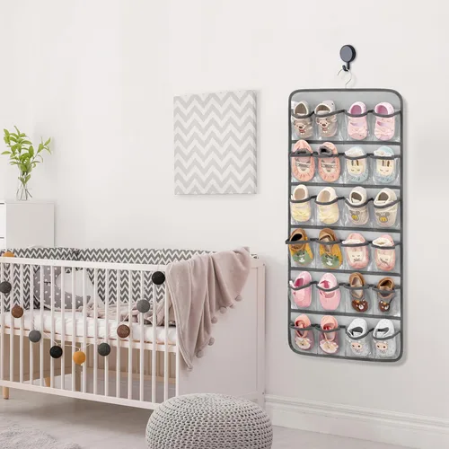 Vista 4 de Organizador de zapatos de bebé colgante de doble cara para armario, soporte de almacenamiento de zapatos para niños pequeños, calcetines con lazo