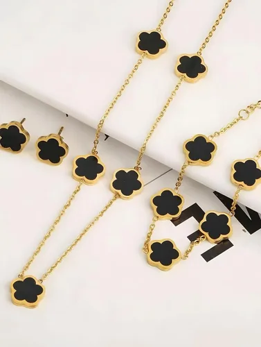 Vista 3 de RAFYZY Lucky Clover - Collar de trébol chapado en oro de 18 quilates y aretes para mujer, diseño de trébol de la suerte, juego de joyería simple