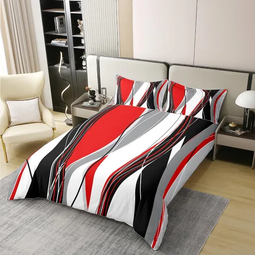 Vista 10 de Juego de funda de edredón moderna abstracta 100% algodón, tamaño individual, para niños, rojo, gris, negro, geométrico, juego de ropa de cama