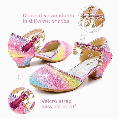 Vista 4 de Furdeour Zapatos de vestir para niñas, zapatos de princesa con tacón alto de cristal, puntera cerrada, fiesta, boda, flores, zapatos para niñas