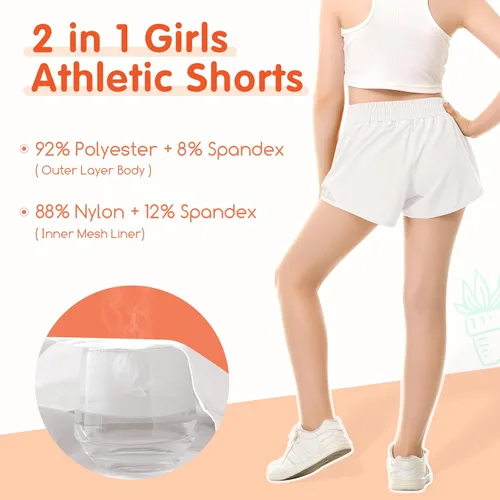 Vista 2 de Pantalones cortos deportivos para niñas, de secado rápido, con bolsillo con cremallera, para adolescentes y niños, pantalones cortos deportivos