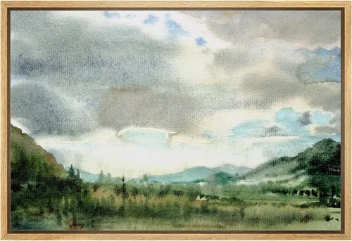 Vista 59 de wall26 Lienzo enmarcado de arte de pared, acuarela en tonos pastel, pino, árbol, bosque, lago, naturaleza, ilustraciones de área silvestre, arte