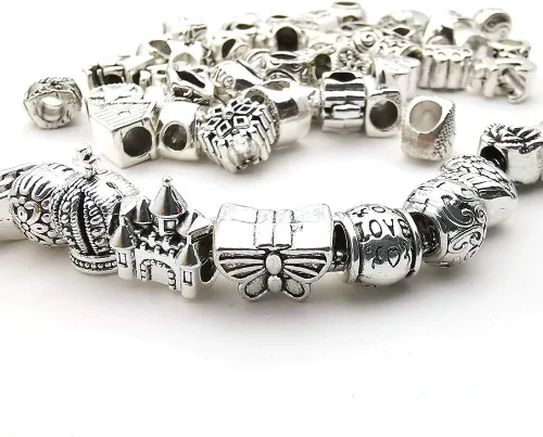 Vista 5 de 55 piezas surtidas de cuentas con agujeros grandes de aleación europea, cuentas con separadores metálicos para manualidades, pulseras, collares