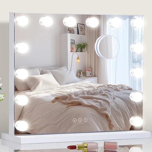 Vista 12 de Espejo de tocador con luces, espejo de maquillaje iluminado con bombillas LED regulables, 3 modos de iluminación de color, puerto de carga USB, Negro