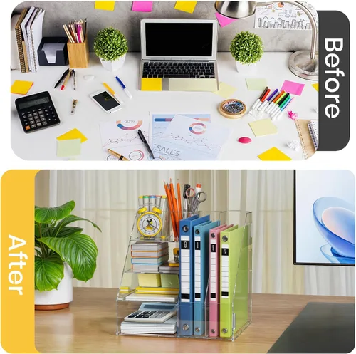 Vista 4 de BONIER Organizador de escritorio acrílico, bandeja de papel de 4 niveles y clasificador de correo, estante de revistero de 2 niveles, almacenamiento