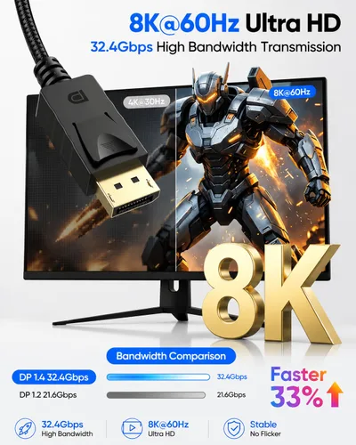 Vista 2 de Cable USB C a DisplayPort 1.4 de 8K de 6.6 pies con pestillo, 8K @60Hz 4K a 144Hz USB C a DP, USB-C a puerto de pantalla, cable Thunderbolt 4/3