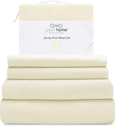 Vista 12 de Posh Home Juego de sábanas de punto de jersey, sábanas de 3 piezas, sábanas de jersey de algodón transpirable y suave, incluye sábana encimera