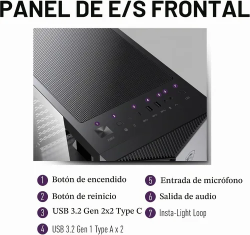 Vista 6 de MSI MPG GUNGNIR 111R Chasis de PC Gaming Mid Tower - Negro, 4 ventiladores ARGB de 120mm, USB 3.2 Gen2x2 Tipo-C, Panel de Vidrio Templado, Filtro