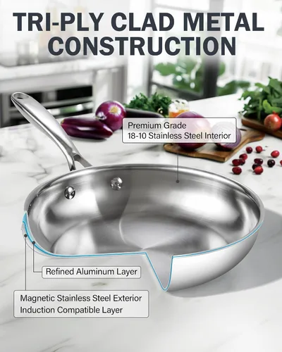 Vista 4 de Cooks Standard Sartén de Freír de Acero Inoxidable, Wok Sartén para Saltear Multicapa de 8 Pulgadas, Sartén de Cocina, Plateado