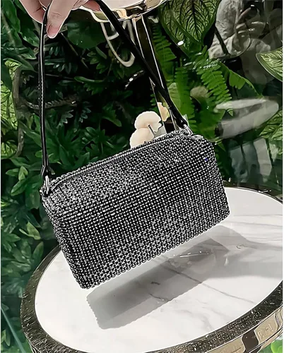 Vista 3 de Bolso de hombro con diamantes de imitación para mujer, bolso cruzado clásico con purpurina, bolso de noche brillante, monedero plateado de diamante