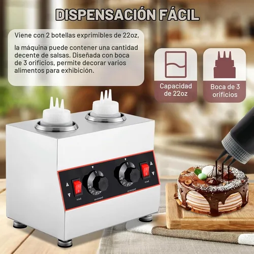 Vista 4 de Dispensador eléctrico de salsa con 2 botellas de salsa de 22 onzas y 3 agujeros, calentador de botellas para chocolate caliente, queso nacho