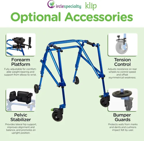 Vista 7 de Klip - Caminador con ruedas posteriores, ligero, 4 ruedas, andador posterior ligero para niños pequeños, niños, adolescentes con necesidades Azul
