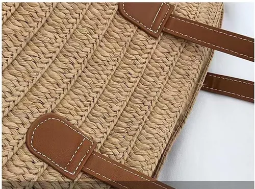 Vista 3 de Bolsa de playa de verano para mujer, hecha a mano, grande, de paja, bolso de mano para mujer