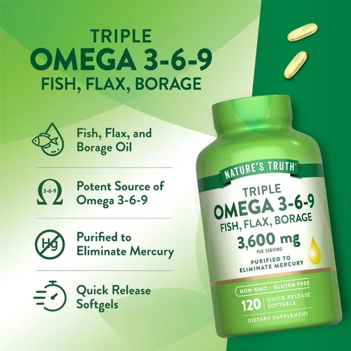 Vista 5 de Nature's Truth Omega 3-6-9 cápsulas blandas 3600 mg 120 unidades Aceite de pescado, lino y borraja Triple fuerza Suplemento sin OMG y sin