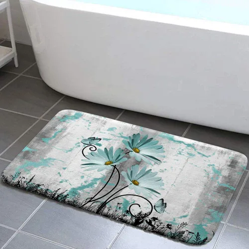 Vista 14 de Alfombra de baño rústica de granja, diseño de margaritas y mariposas en madera de campo, tapete de baño de madera color gris, blanco, azul marino