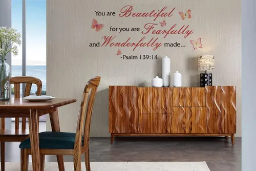Vista 4 de Calcomanías de pared de mariposas coloridas con versículo bíblico, Salmo 139:14, calcomanías de pared cristianas, You are Beautiful for You are