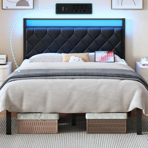 Vista 9 de Base de cama individual con estación de carga, luz LED y cabecera tapizada de piel sintética, base de cama de plataforma con almacenamiento debajo