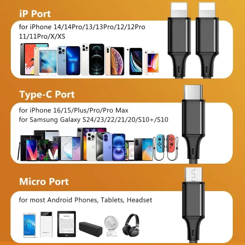 Vista 2 de Puxnoin Cable de carga múltiple, paquete de 2 cables de carga 4 en 1 de 4 pies para múltiples dispositivos, cable de carga universal trenzado