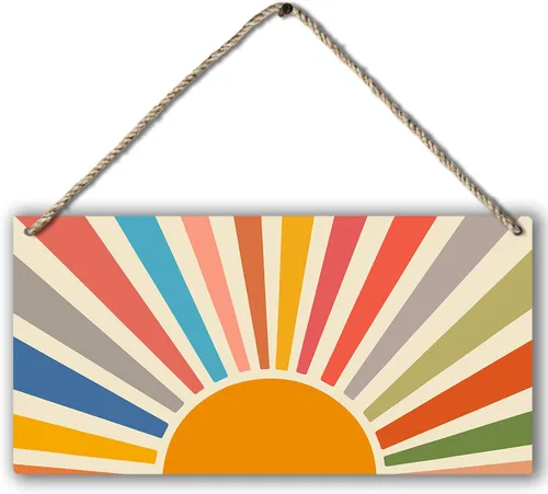 Vista 7 de Letrero abstracto de madera con estampado de sol y rayos de sol, estilo bohemio, para colgar en la pared, moderno de mediados de siglo, bohemio