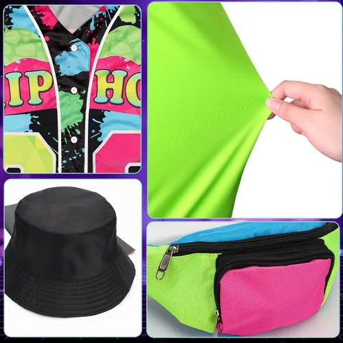 Vista 3 de Traje de los años 80 y 90 para mujer, camiseta de béisbol, pantalones cortos, riñonera, disfraz de fiesta retro, accesorios de representante