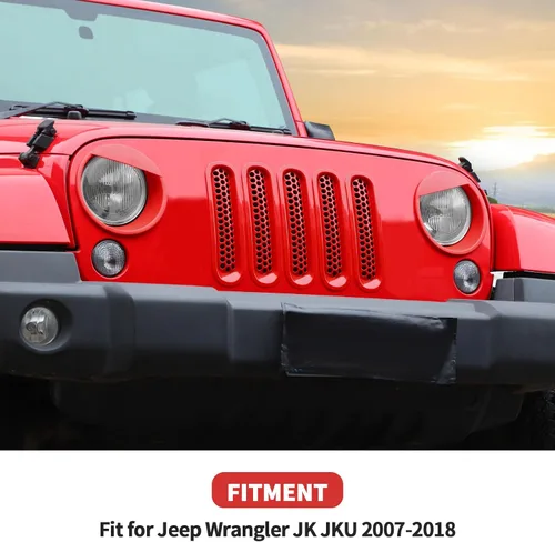 Vista 6 de Mesh Grille Grill Insert+ Headlight Turn Light Cover Trim Fit for 2007-2018 Jeep Wrangler JK JKU Style A(Red)