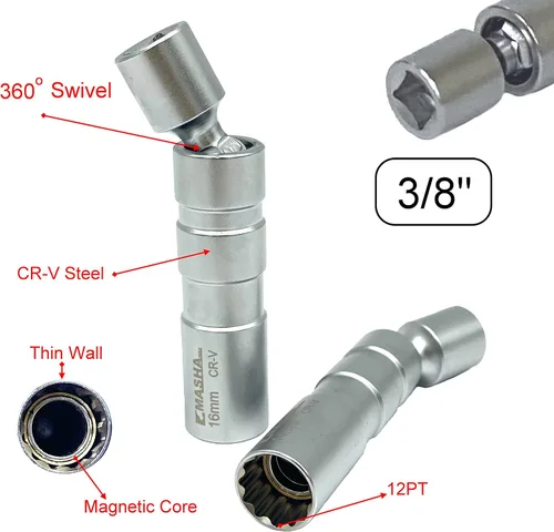 Vista 5 de 3/8 de pulgada de llave giratoria magnética pared delgada 0.551 in bujía enchufe universal junta 12PT (0.551 in)